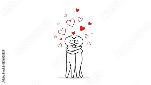 Two stick figures hugging with hearts floating around them, symbolizing love and affection.