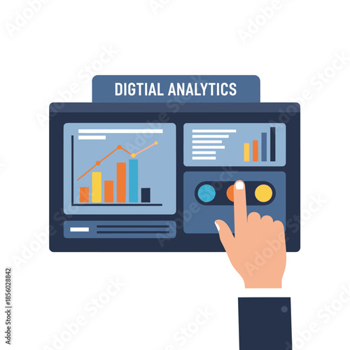 A hand interacts with digital analytics on a dashboard displaying graphs and charts.