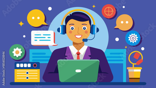 Flat vector illustration of customer support agent headset, service assistance and communication concept.
