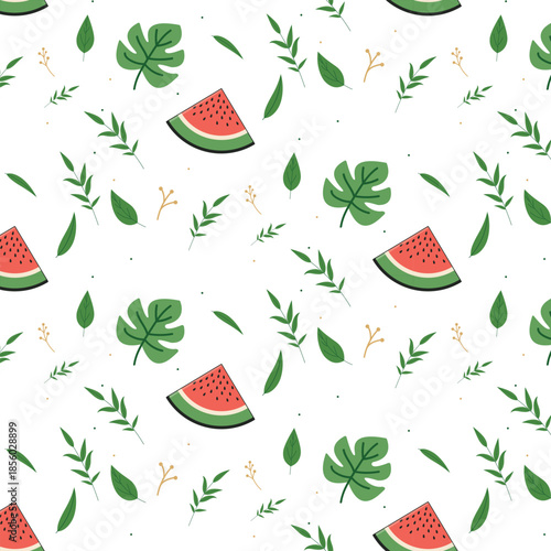 A cute seamless pattern of tropical leaves in a charming style. It features watermelon and monstera leaves.