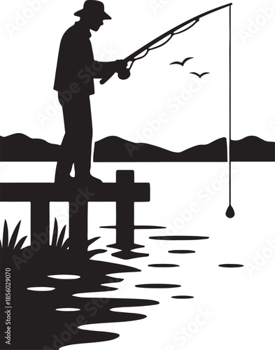 Silhouette of a man fishing from a wooden pier with birds flying overhead dock