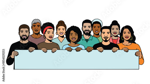 Vector illustration of a diverse multicultural group of people holding a large blank banner for custom messages or community announcements