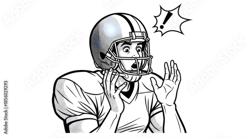 American Football Player Expressing Shock and Astonishment with Exclamation Mark Icon