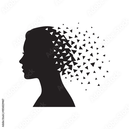 Female head silhouette disintegrating into triangle particles abstract concept