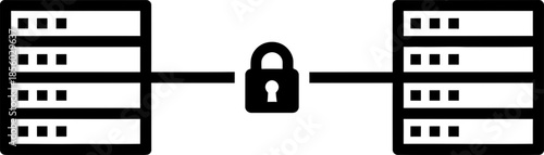 Two connected server rack icon with padlock representing data protection and secure network communication. Concept for cybersecurity. Vector symbol