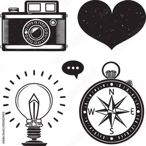 Vintage camera heart lightbulb and compass icons with distressed texture retro camera film camera