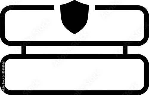 Server safety icon, showing two horizontal rectangular boxes with a shield on top, representing data protection. Concept for network security. Vector symbol