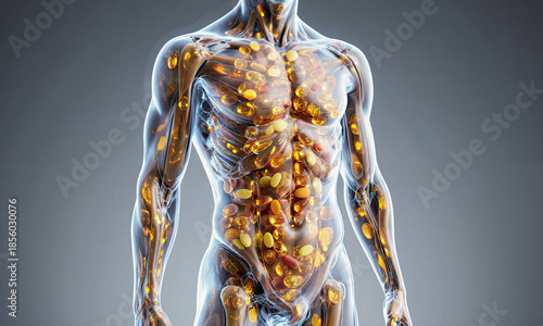 Vitamin optimization All vitamins at perfect levels, transparent body glowing with sufficiency, health radiating, supplement view, lacking gray to optimal