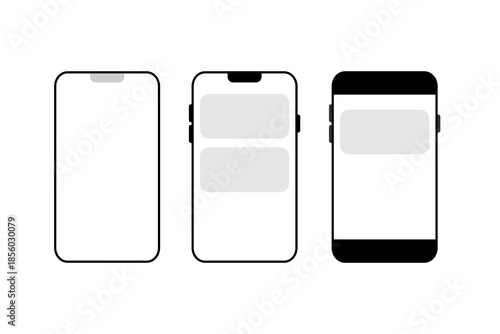Minimal smartphone mockup illustration set with three modern mobile phone frames in front view. 