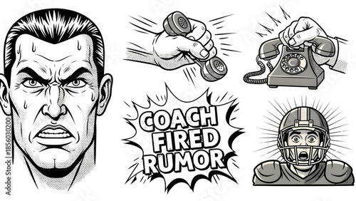 Black and white comic-style illustrations depicting a tense man, a hand holding a ringing phone, a football player, and a speech bubble with 'COACH FIRED RUMOR'