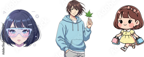 Anime character group collection with girl boy and chibi child