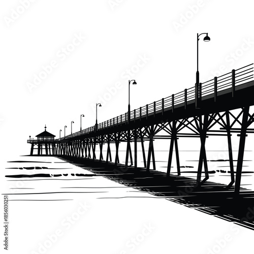 A striking black and white illustration of a long wooden pier extending into the sea