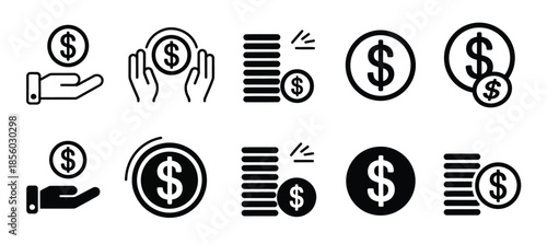 dollar savings and tax icons for usa currency finance, including loan for business wealth, bill graphics, and web app ui elements for professional digital banking designs.