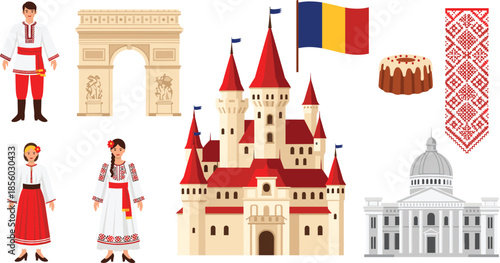 Romanian culture vector set featuring traditional folk costumes Bran castle Arcul de Triumf national flag and local cuisine on white background.