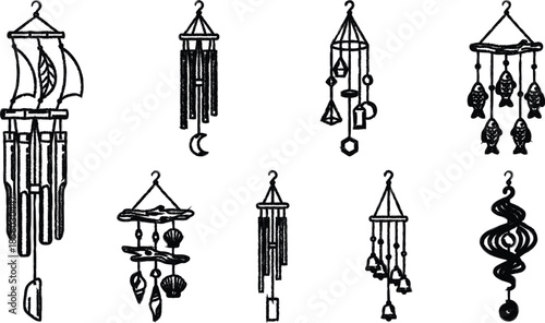 Assorted Wind Chimes Hanging in a Row