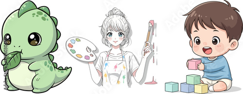 Cute cartoon dinosaur painter artist and baby boy playing blocks