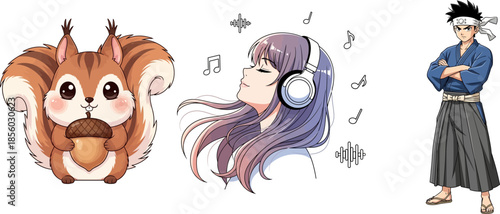 Squirrel with nut girl listening music and samurai boy character
