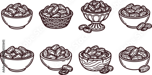 Collection of bowls with almonds in various designs