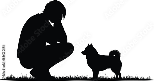Person with dog silhouette, thoughtful pose, squatting figure, black illustration, grass ground, pet interaction, companionship, white background, emotion, gesture