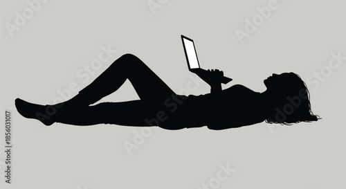Person with laptop, relaxed silhouette, lying posture, remote work, casual tech use, black illustration, home study, reclined figure, minimal background