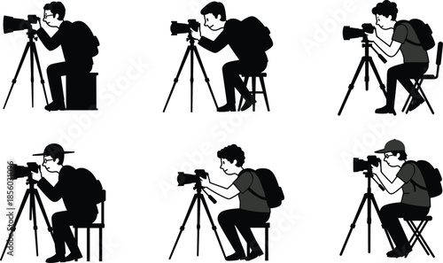 Photography, silhouette, tripod, camera, seated, posture, backpack, hat, glasses, shoot, style, minimal, black, ergonomic, setup, gear, professional, hobby, illustration, gesture