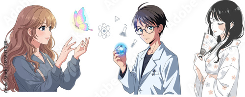 Woman with butterfly scientist with potion and kimono girl icon