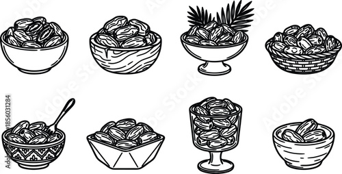 Illustrations of Bowls with Nuts in Various Styles