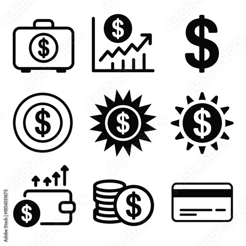 dollar flat icon set isolated on white background featuring green currency symbols, money bags, financial growth charts, and banking transaction graphics for modern business presentations.