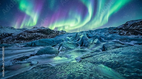 Aurora borealis dancing over icy glacier landscape at night