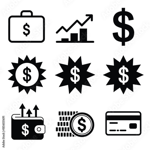 dollar flat icon set isolated on white background featuring green currency symbols, money bags, financial growth charts, and banking transaction graphics for modern business presentations.
