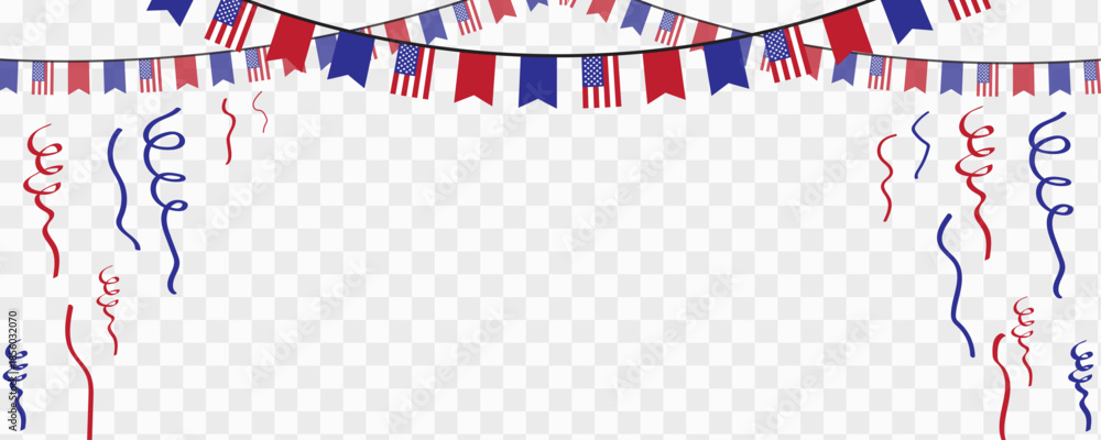 Obraz premium USA Patriotic Celebration Banner with American Flag Bunting and Red Blue Streamers on Transparent Background