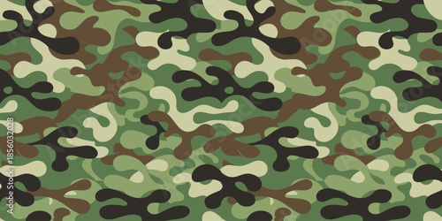Seamless woodland camouflage pattern background
Green military camo vector texture with organic shapes