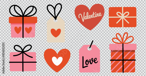 Valentine gift boxes with hearts and labels for romantic celebration holiday design element