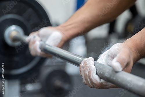 Hand holding the barbell and magnesium carbonate powder