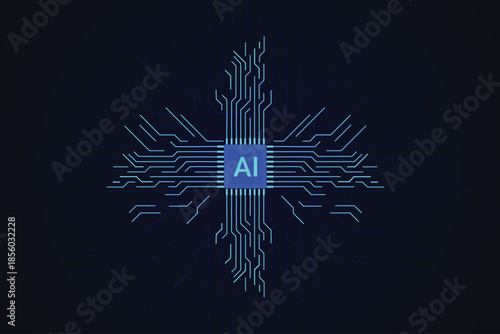 Artificial Intelligence AI Microchip on Blue Digital Circuit Board Background