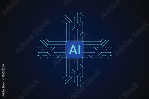 Artificial Intelligence AI Microchip on Blue Digital Circuit Board Background