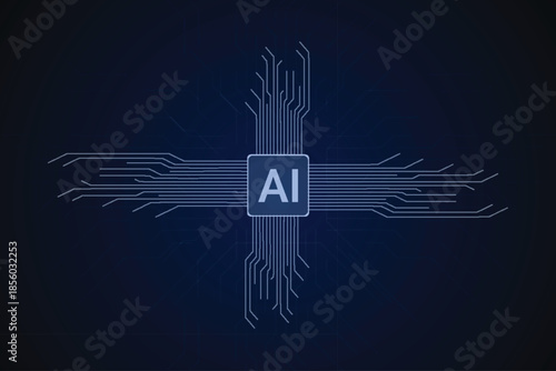 Artificial Intelligence AI Microchip on Blue Digital Circuit Board Background