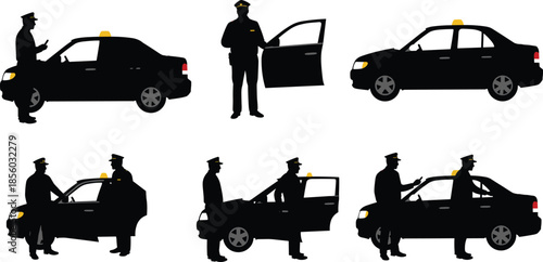 Police officer silhouette, taxi interaction, law enforcement scene, uniformed figure, car inspection, vector art, roadside check, cartoon style, black icon