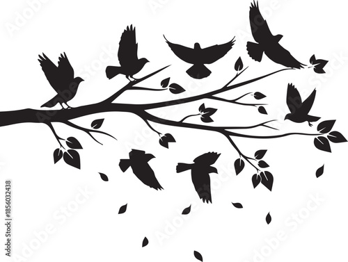 Create Elegant black silhouette tree branch with flying birds and falling leaves, minimalistic nature wall art, decorative vector illustration design