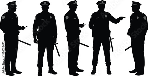 Police officer silhouettes, law enforcement posture, uniform gesture, baton stance, public safety, directional pose, authority figure, patrol moment, silhouette art, duty scene