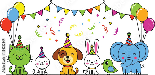 Adorable cartoon animals celebrating a festive birthday party with colorful balloons