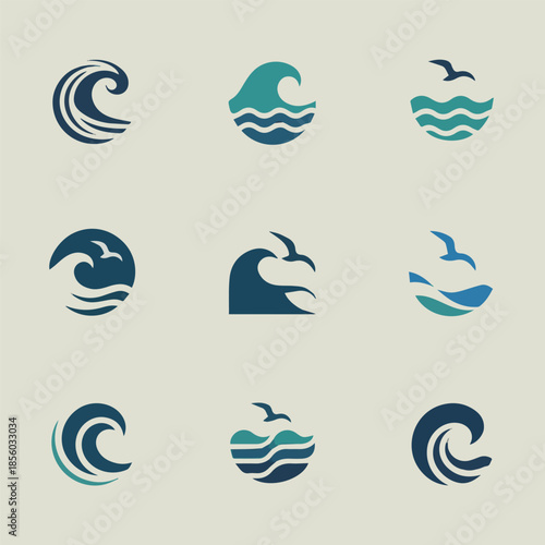 Create kinds of collection of sea waves icons isolated victor art on white background.