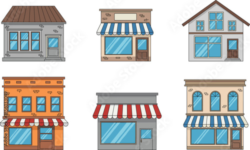 Collection of small shop building storefronts with windows, doors, awnings and retail facades in flat vector style