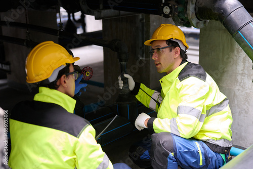 Two construction workers wearing safety vests and hard hats are focused on their work in factory