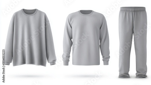 Three gray loungewear pieces, a sweatshirt, long sleeve tee, and pants, are artfully displayed