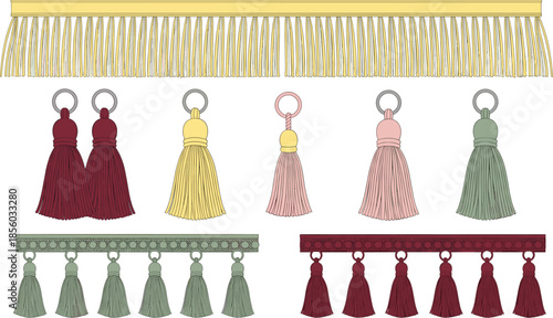 Set of decorative tassel and fringe trim vector illustrations in various colors like burgundy yellow pink and green for textile design.