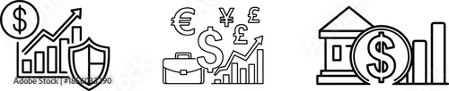 Financial icons representing banking, currency, and financial growth in a simple line art style