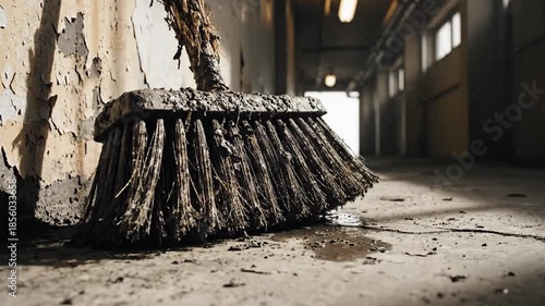 A heavily soiled industrial broom rests against a peeling, grimy wall in a dimly lit, neglected corridor.