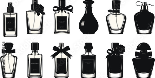 Perfume, bottle, silhouette, black, white, fragrance, scent, label, vintage, elegant, bow, flower, spray, icon, cosmetic, minimal, grid, branding, fashion, design