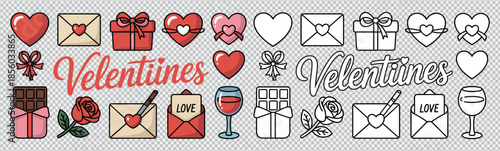 Large set of colorful and outline valentine icons collection including hearts gifts chocolate and envelopes sign